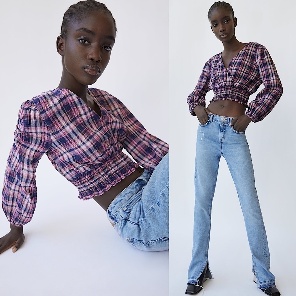 NEW ZARA Plaid Puffed Long‎ Sleeve Wrap Front Smocked Waist Academia Crop Top XS